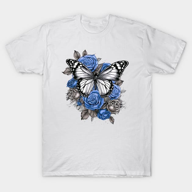 Butterfly and Blue Roses T-Shirt by Grafikstudio